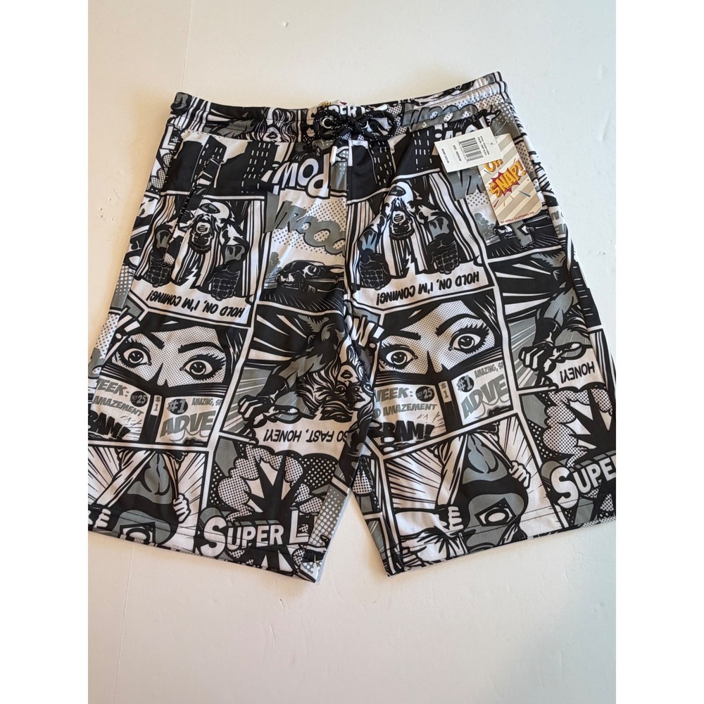 Oh Snap! Drill Clothing Co Comic Book Print Shorts Mens Medium NWT Black White